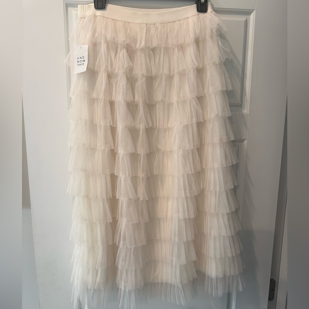 And Now This Tulle Ruffle Tiered Cream Pull On Midi Skirt
